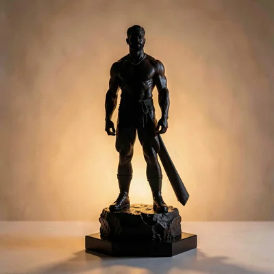 Hero figure standing tall on a small heroic plinth, warm rim light defining silh