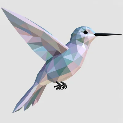 Low-poly illustration, crystalline hummingbird , faceted geometric surfaces, tri