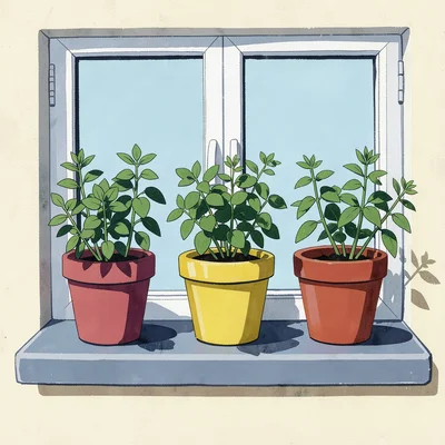 Kitchen windowsill with three herb pots, each pot a different vivid flat color