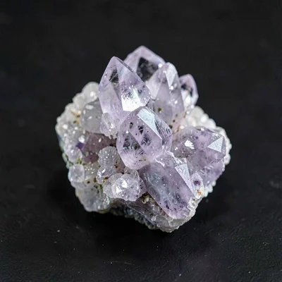 Cleaved crystal cluster on a matte black surface, pale lavender and quartz facet