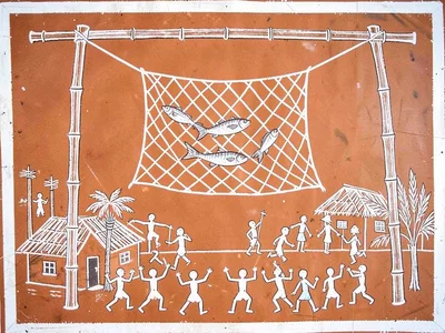 Fishing net suspended between two bamboo poles — fish caught within geometric me
