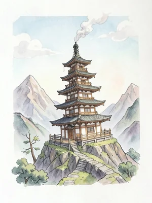 Wizard's tower in mountain, tilt-shift, toy-like, smoke from chimney