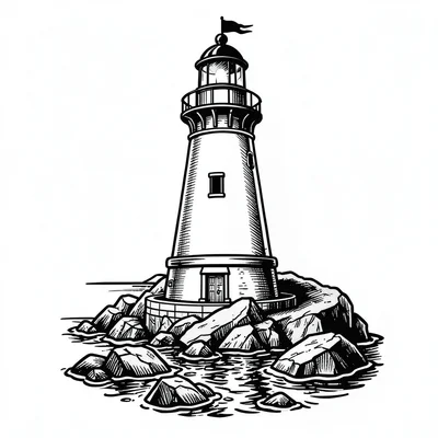 Traditional tattoo flash illustration, Lighthouse on rocky shore , bold black ou