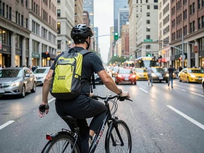 Bike messenger through city traffic