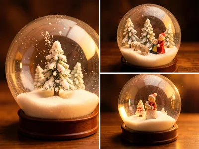 Snow globe with stages of snow settling, four moments captured, warm light