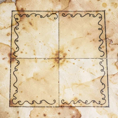 Parchment map detail of the warm-up quadrant with squiggle calligraphy markers a