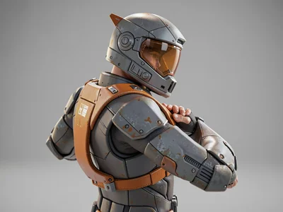 Reaching back over a shoulder to fasten an oxide-orange chest strap, the suit-up