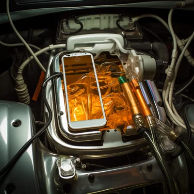 Matthew Barney photo of an iphone inside a motor