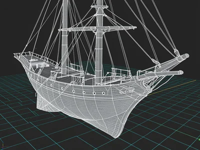 A sailing ship hull in profile, frame lines and planking visible as a white mesh