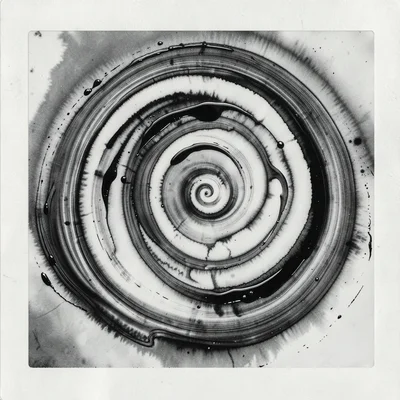 An organic swirling chemigram — varnish resist brushed in loose spirals, tones b
