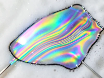 Soap film caught in transition, swirling current of thickness change creating fl