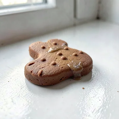 Iced terracotta gingerbread cookie with thumb-pressed icing dots and fingernail-