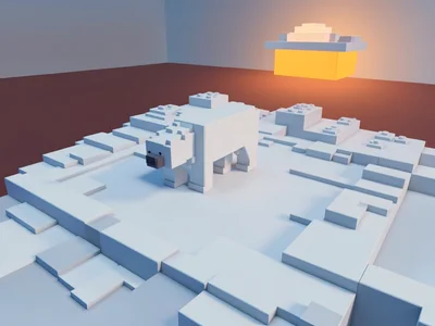 A snowy tundra with a polar bear in cubic white blocks, ice sheet terrain, and a