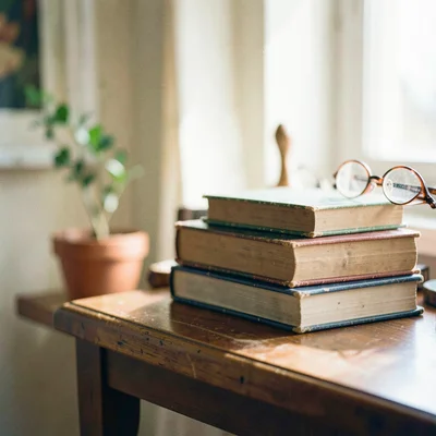 Stack of old books on a side table with reading glasses