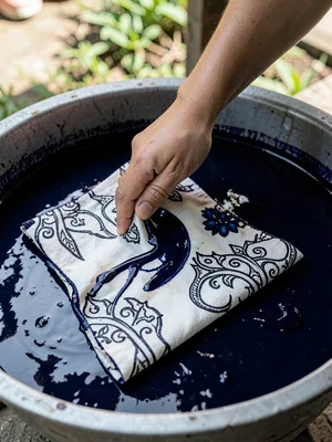 A hand immersing a wax-covered cloth into an indigo dye vat