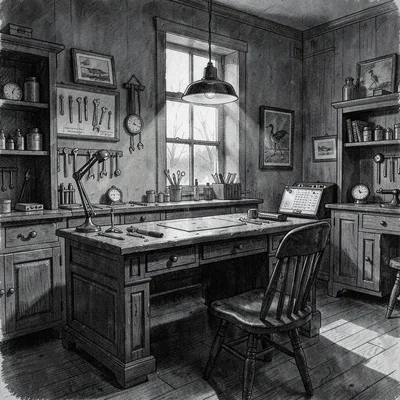 Moody charcoal interior of a watchmaker's bench seen from across the room, low p