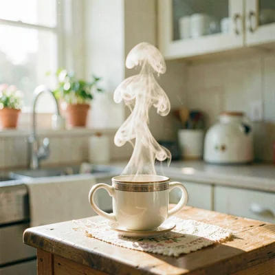 Morning coffee steam rising in a sunlit kitchen