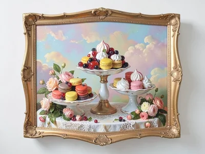 Dessert table detail — macarons, meringues, and glazed berries heaped on tiered 
