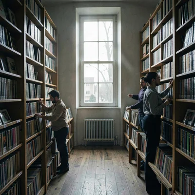 Wide interior of curated CD bins with browsers thumbing through alphabetised div