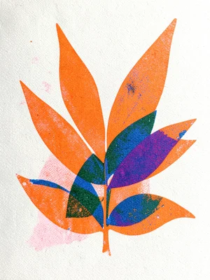 Bold botanical leaf shapes in bright orange riso ink, overlapping second pass in