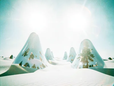 Vast white desert with bell-shaped trees of pure mirror reflecting a sun that ha