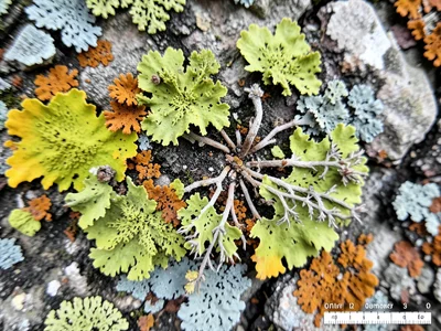 Foliose lichen peeling from tree bark, underside visible showing root-like rhizi