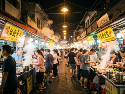 A night market in Taiwan, steam rising from multiple stalls, the overhead lights