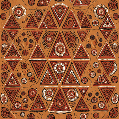 Aboriginal Australian dot painting aesthetic,. A repeating aerial-pattern composition in the Western Desert Aboriginal d
