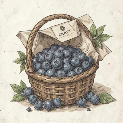 Artisan food packaging illustration, Wild blueberries spilling from basket , far