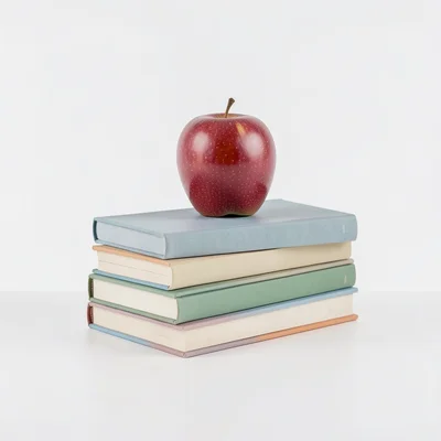 Stack of colorful textbooks with an apple on top, clean white background