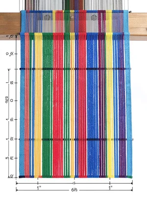 Woven textile on loom, warp threads forming strict vertical grid in three primar