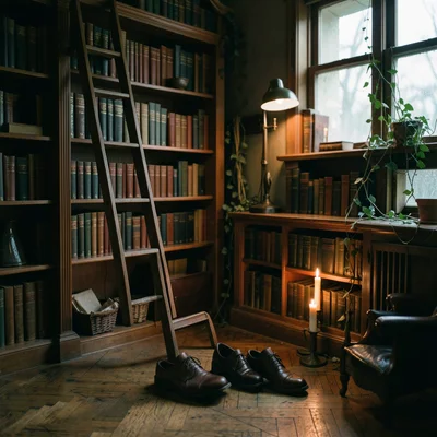 A library ladder against tall shelves, warm wood, a pair of brogues abandoned on