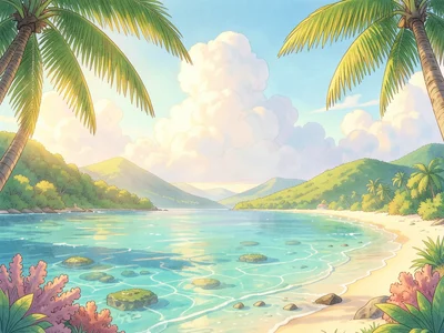 Tropical beach with crystal clear water, coral visible, palm fronds framing