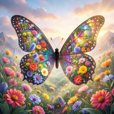 Butterfly wings containing macro flower garden in full bloom, double exposure