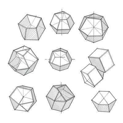 Blueprint exploded view of a nested polyhedra family with hatched faces
