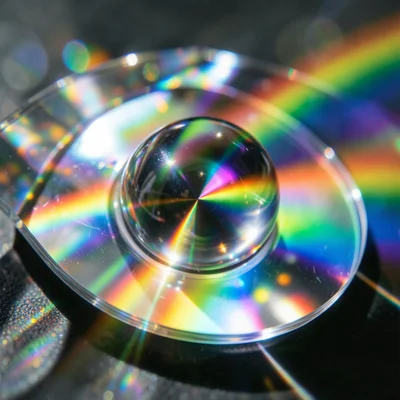 Chrome sphere reflecting and refracting a rainbow beam, distorted spectrum stret