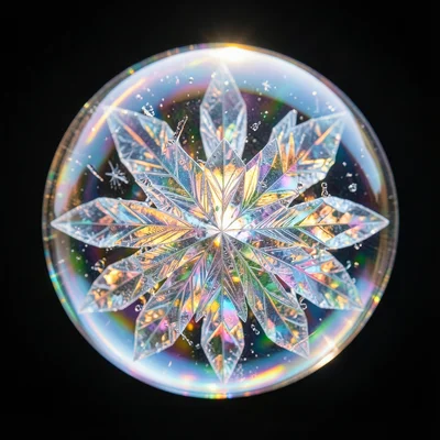 Frozen soap bubble with crystal patterns forming on surface, iridescent, morning