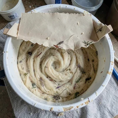 An overhead view of a vat of pulp with fibres swirling, deckle resting on the ri