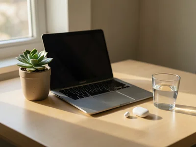 A laptop on a clean desk with a single succulent, a pair of AirPods, and a glass