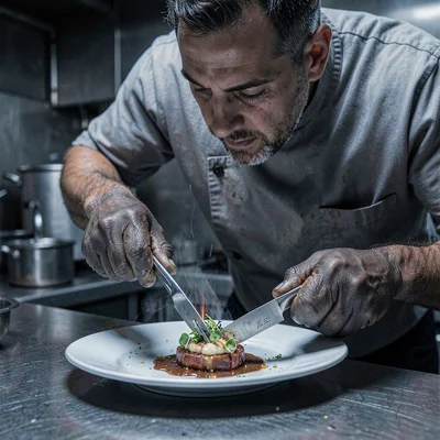 Through Sheffield steel vision, forged metal consciousness, A chef plating food 