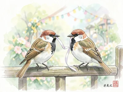 Two sparrows on a wooden fence rail, one carrying a strand of ribbon in its beak