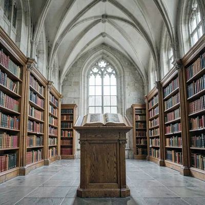 a Gothic library at overcast noon, ribbed vaulting climbing into pale grey, a si