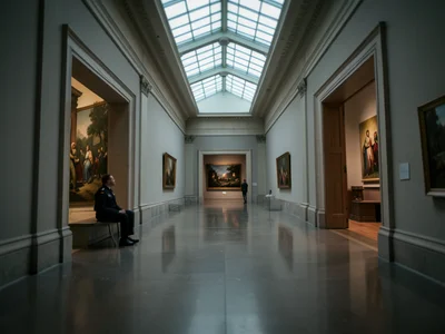 A museum hallway connecting two galleries, the doorways framing different worlds