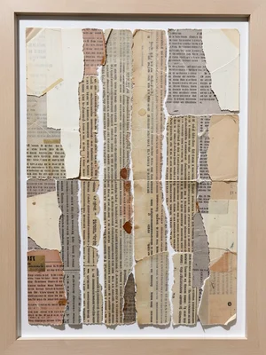 Torn newspaper strips layered into abstract cityscape, column text fragments cre