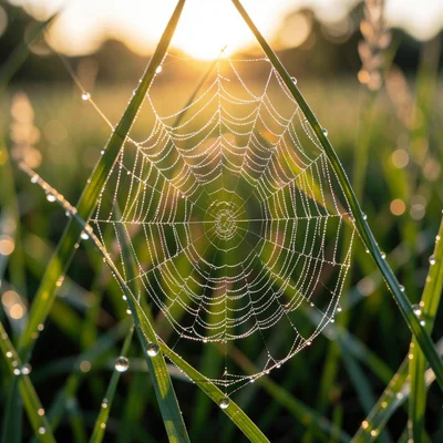 Close-up of morning dew drops on a spider web between grass blades