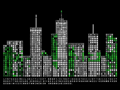 A city skyline at night in white monospace characters on black, building windows