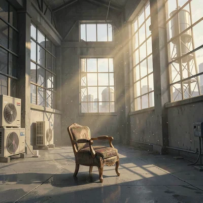 Ambient ig-teaser of a vintage chair in a sunbeam through warehouse windows, dus