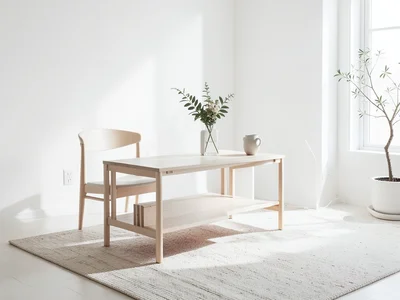 Minimalist Japanese joinery furniture in white Scandinavian apartment, clean lin
