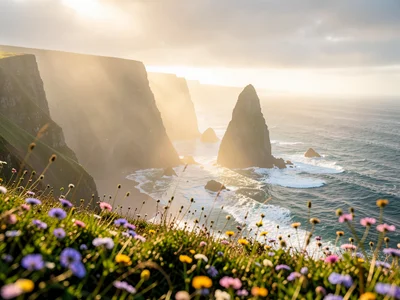 Dramatic coastline with sea stacks, morning fog rolling in, wildflowers in the f