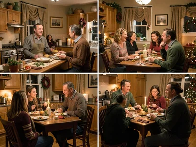 Hoarder's kitchen during holiday dinner party, seven conversations happening, ev